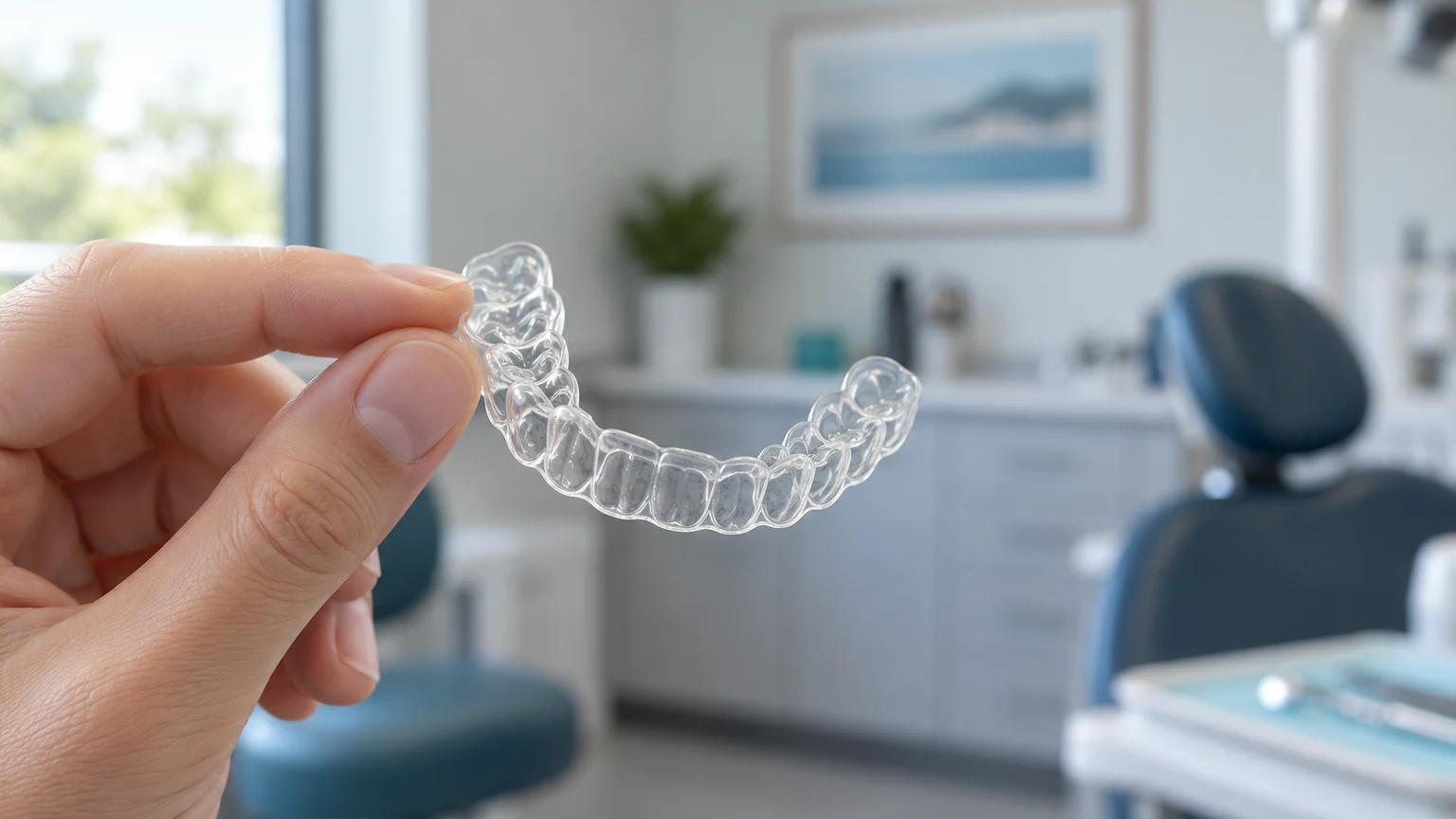 A clear ClearCorrect aligner tray held up in a treatment room at Hampton Family Dental in Southampton, PA