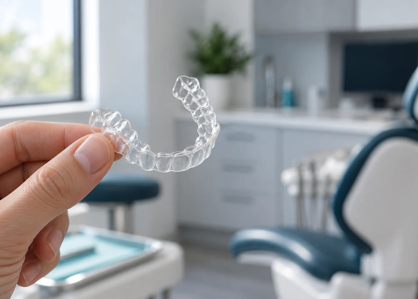 A clear aligner tray held up in a treatment room at Hampton Family Dental in Southampton, PA
