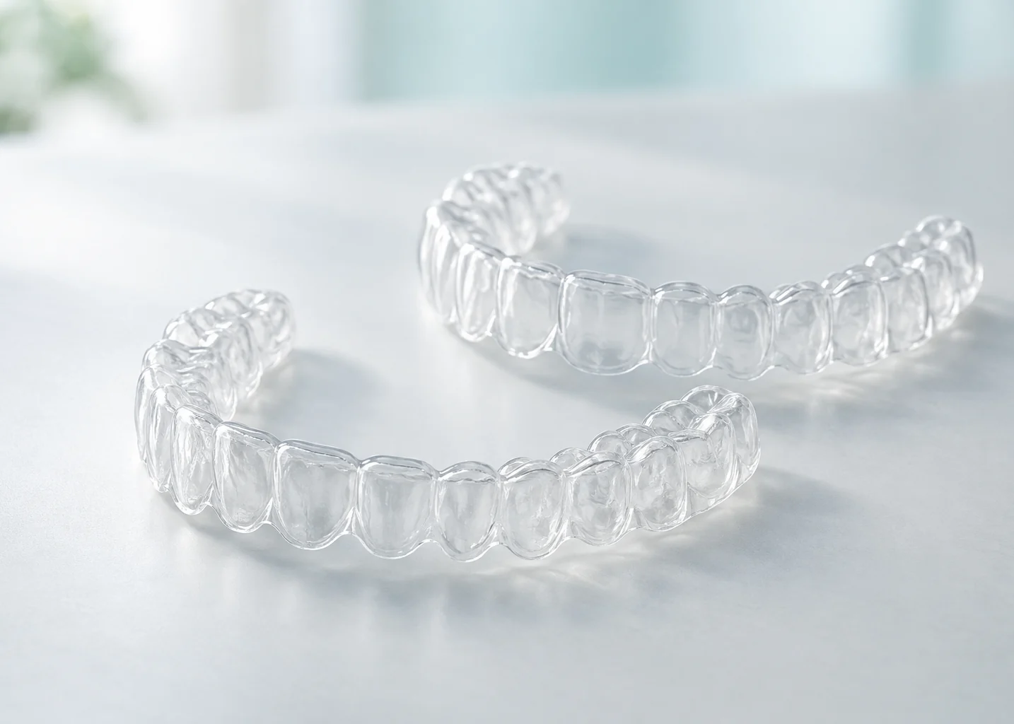 A pair of clear ClearCorrect aligner trays, moulded to the upper and lower teeth
