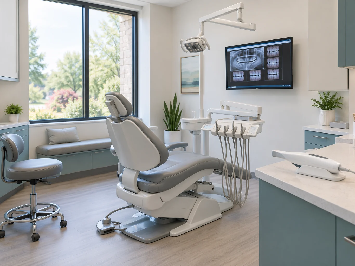 A treatment room at Hampton Family Dental in Southampton, PA, with a scanner and a wall-mounted screen