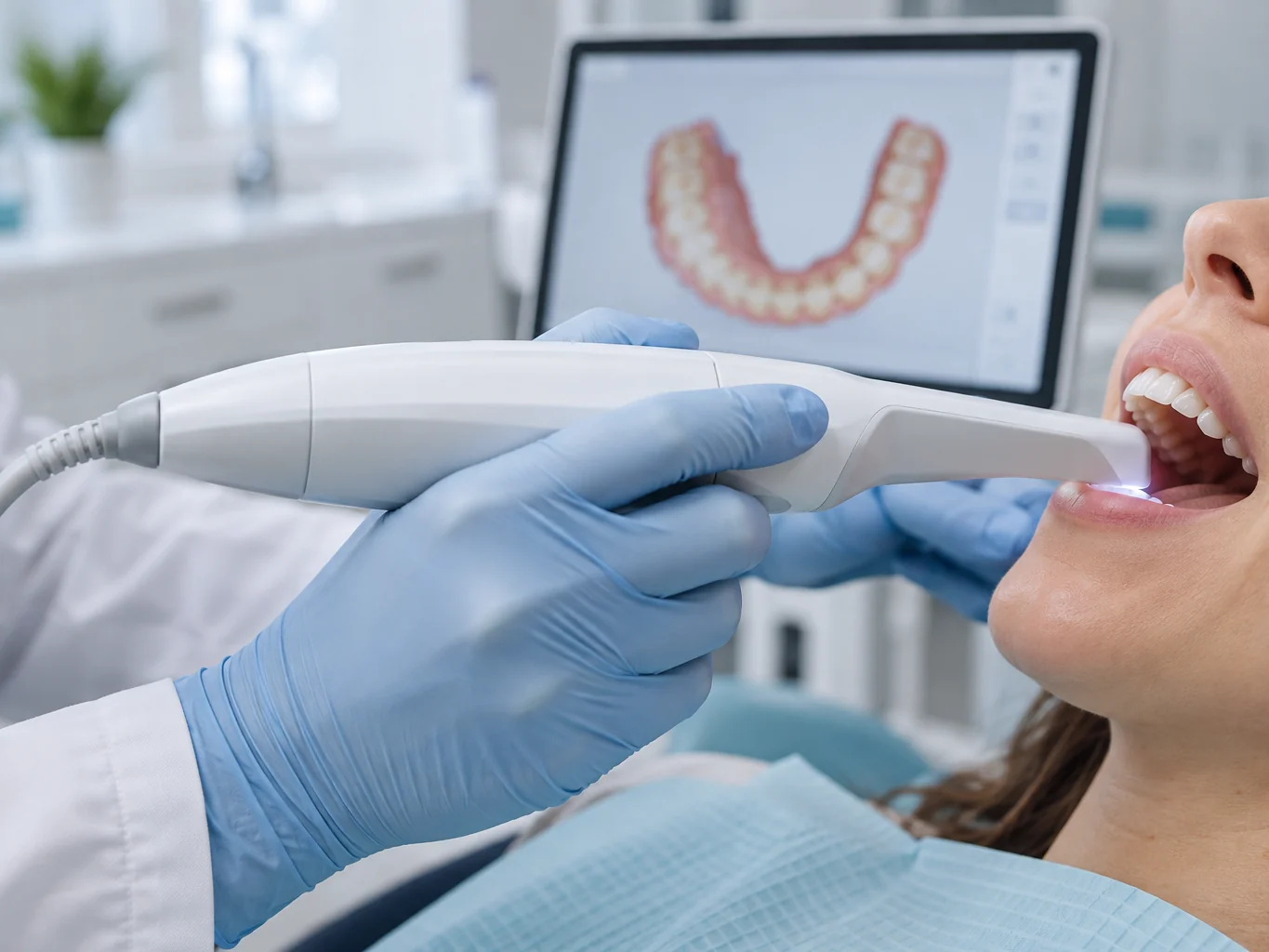 A dentist taking a digital scan of a patient's teeth with an intraoral scanner at Hampton Family Dental in Southampton, PA