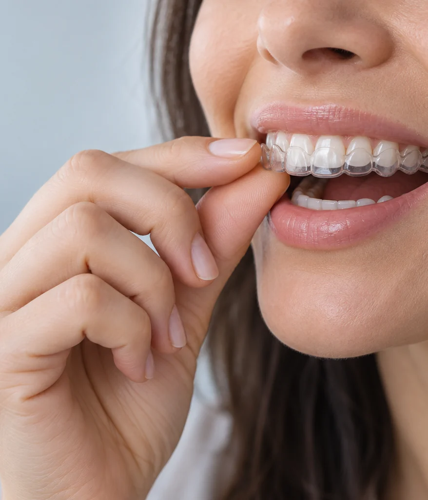 A patient placing a clear ClearCorrect aligner tray onto her upper teeth